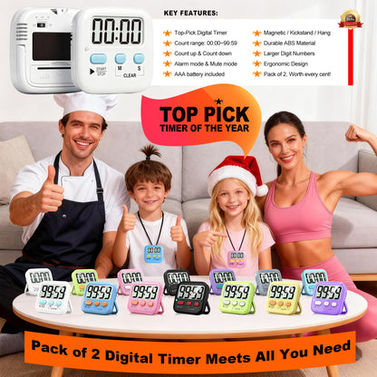 Antonki 2 Pack Digital Timer for Kids, Magnetic Countdown Kitchen Timers for Cooking, Egg, Classroom, Teacher, Exercise, Study, Oven - Battery Included