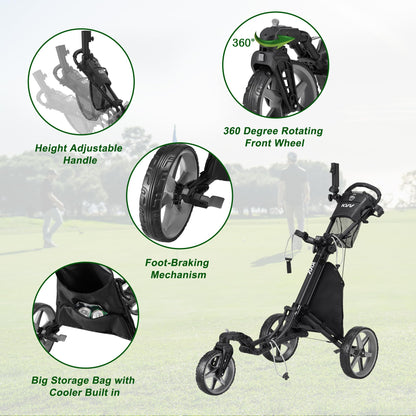 KVV 3 Wheel 360 Rotating Front Wheel Foldable/Collapsible Golf Push Cart with Foot Brake Open and Close in ONE Second-Free Umbrella Holder Included(Black/Charcoal)