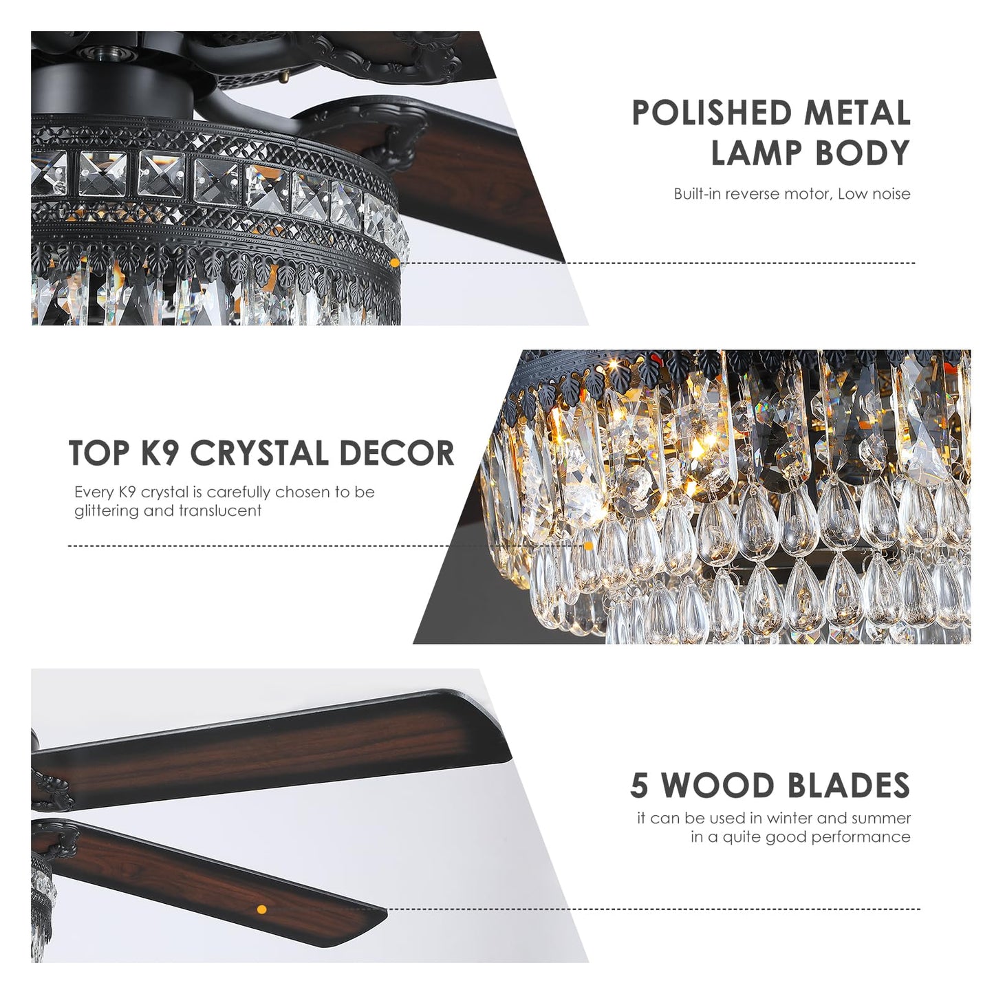 Asyko 62" Crystal Ceiling Fan Fandelier with Lights - Black Modern Crystal Chandelier Fans with Remote Control，Noiseless DC Motor, Retro/Farmhouse Lighting, Dining Room， Living Room