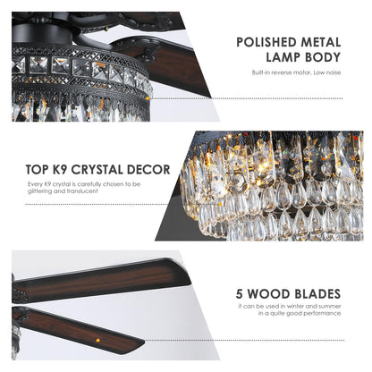 Asyko 62" Crystal Ceiling Fan Fandelier with Lights - Black Modern Crystal Chandelier Fans with Remote Control，Noiseless DC Motor, Retro/Farmhouse Lighting, Dining Room， Living Room
