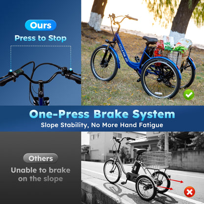 RegalRider Electric Tricycle for Adults, 7-Speed Electric Trike with 48V 624WH Removable Battery, 70Miles Long Lasting Range in PAS 1, 18.6Mph Max, 3 Wheel Electric Bike, Dual Disc, 24"