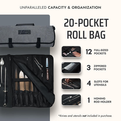 Asaya Waxed Nylon Chef Knife Roll Bag with 20 Slots and Zippered Pockets - Professional Chef Knife Bag & Storage Case, Tool Carrier with Shoulder Strap - Knives Not Included (Grey)