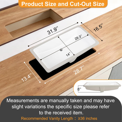DEHOMEN 32 inch Undermount Bathroom Sink with Overflow for Shared Bathroom, Large Rectangular Single Bowl Vanity Basin For Modern Master Suite Double Faucet Setup, Porcelain Lavatory Vessel,White