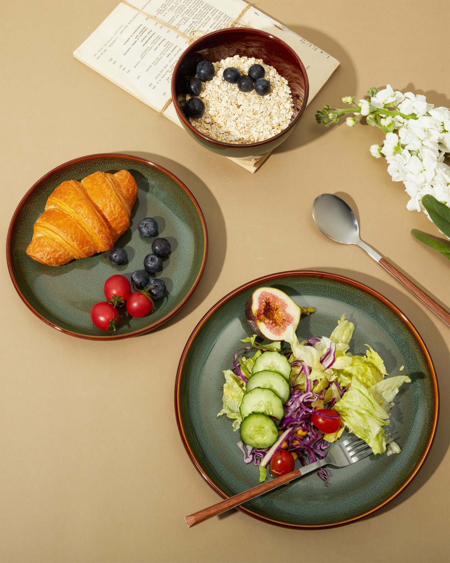 Pokini Stoneware Dinnerware Sets, Ceramic Plates and Bowls Set, Microwave & Dishwasher Safe Kitchen Dishes, Modern Dinner Salad Plates | Cereal Bowls, Dishware Sets Service for 4 Sage Green