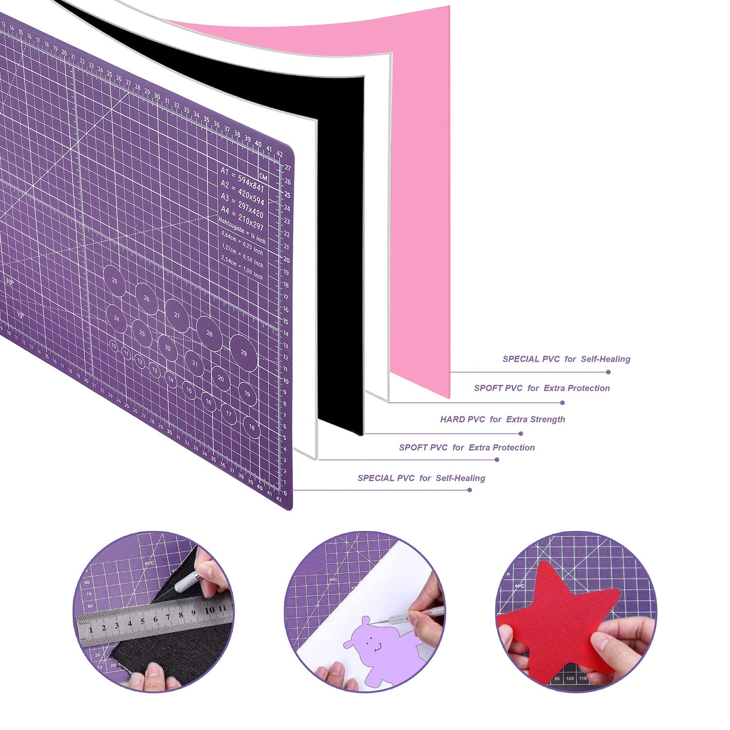 TCAIRG Self Healing Cutting Mat 18 inchx12 inch Non-Slip PVC Double Sided 5-Ply A3 Art Craft Rotating Mat,Sewing Crafts Hobby Fabric Precision Scrapbooking Project(Pink/Purple)