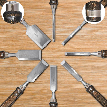 SELFIE CAT 8 Piece Wood Chisel Set for Woodworking Tools Wood Carving Tools with Wooden Case and Sharpening Stones Wood Carving Kit for Beginners and Professionals Black Walnut