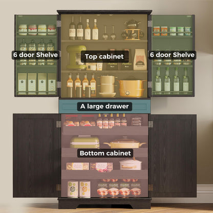 IRONCK Farmhouse Kitchen Pantry Cabinet, 72" Height Tall Freestanding Cupboard with Sliding Storage Rack and 6 Hanging Shelves for Kitchen, Dining Room, Black