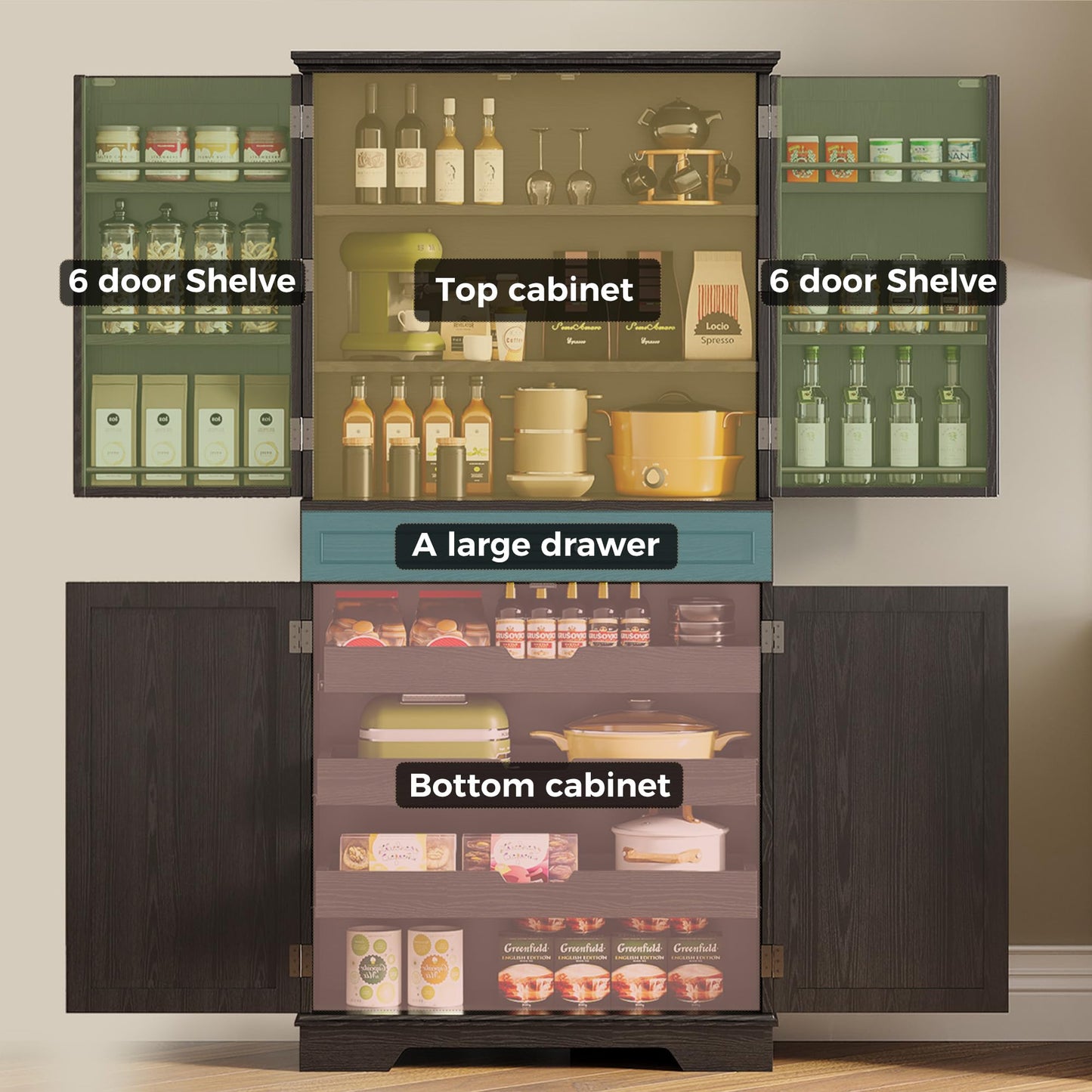 IRONCK Farmhouse Pantry Cabinet, 72" Tall Kitchen Storage Cabinet, Freestanding Cupboard with Sliding Rack & 6 Hanging Shelves,Kitchen Pantry Furniture for Dining Room, Easy Assembly, White