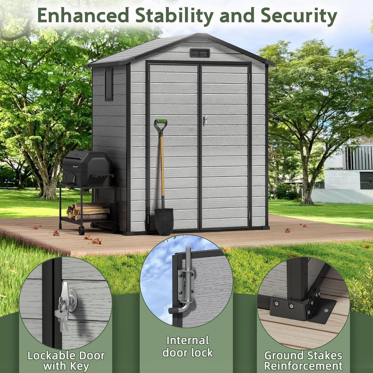 5.5x4 FT Resin Storage Shed with Floor, Easy Assemly Outdoor Small Plastic Shed with 2 Doors & 2 Windows, Locable Storage Garden Shed for Bike Lawn Mower Garbage Can
