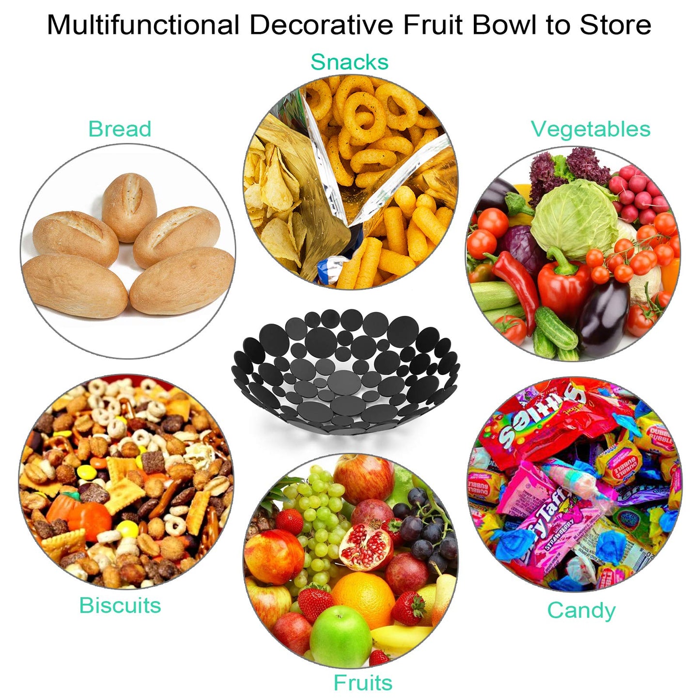 OwnMy Metal Fruit Bowl Basket Creative Table Centerpiece Fruit Stand Decorative Countertop Fruit Holder for Kitchen Counter, Iron Large Fruit Plate Round Storage Tray for Bread Snacks Candy (Black)