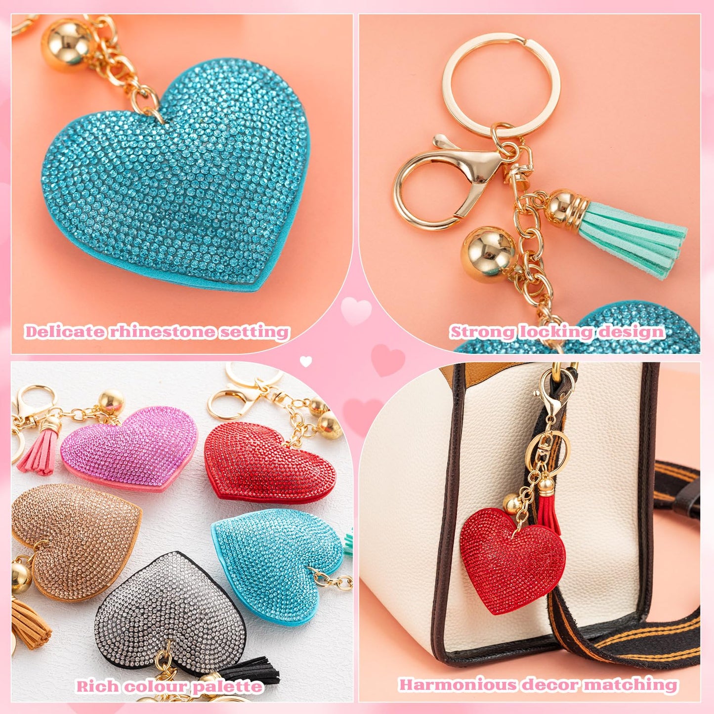 10 PCS Glitter Crystal Heart Rhinestone Keychain, Heart Shape Rhinestone Tassel Keychains for Handbags, Bling Key Chain for Women and Girls