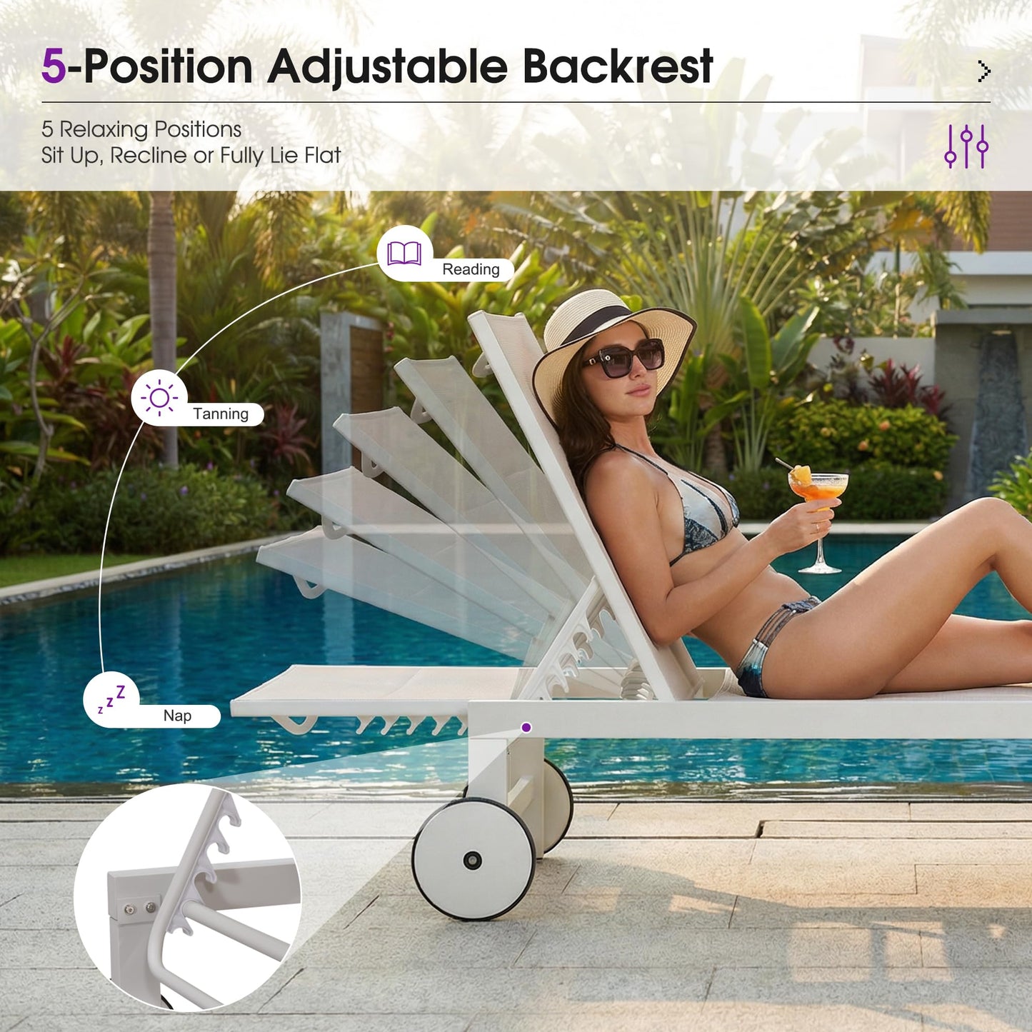 PURPLE LEAF Outdoor Chaise Lounge Set Elderly-Friendly Straight Legs Adjustable Sunbathing Recliner with Side Table for Back Support Patio Poolside Beach Lounge Chairs Khaki