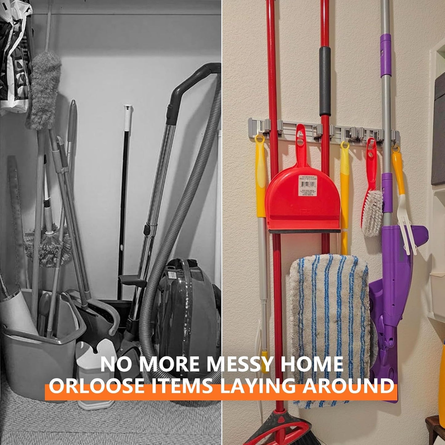 Reliahom Broom Holder Wall Mount - 2 Pack with 5 Racks & 4 Hooks for Garage, Kitchen, Garden Storage