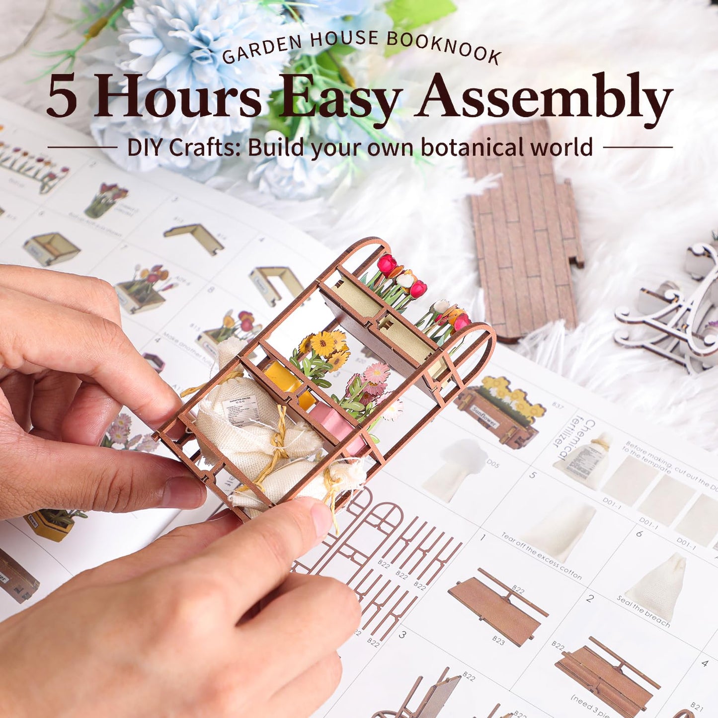 Fimeetoy Book Nook Kit for Adults, Miniature House Kit Doll House DIY Crafts for Adult Teen, Tiny House Bookshelf Decor with LED Light, 3D Puzzle Book Ends Garden House Birthday Gift for Women Friends