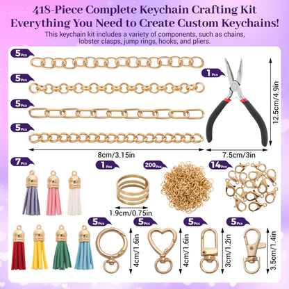 Koruhi 418pcs Charms Lip Gloss Keychain Making Kit,Cute Gold DIY Keychain Supplies Including Organizer Box,Pliers, Tassels, Enamel Letter Charms,Complete Key Chain Kits for DIY Craft Gifts(418, Gold)