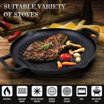 Cast Iron Grill Pan, 12.6 inch Griddle Pan with Dual Handles, Pre-Seasoned Heavy-Duty Cast Iron Skillet for Stovetop, Oven, Indoor & Outdoor BBQ Use