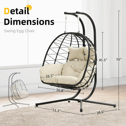 Double Egg Chair with Stand Hammock Swing Chair Foldable Hanging Loveseat, UV Resistant Removable Cushions, 700LBS Capacity for Bedroom, Balcony, Garden(BK-BE)