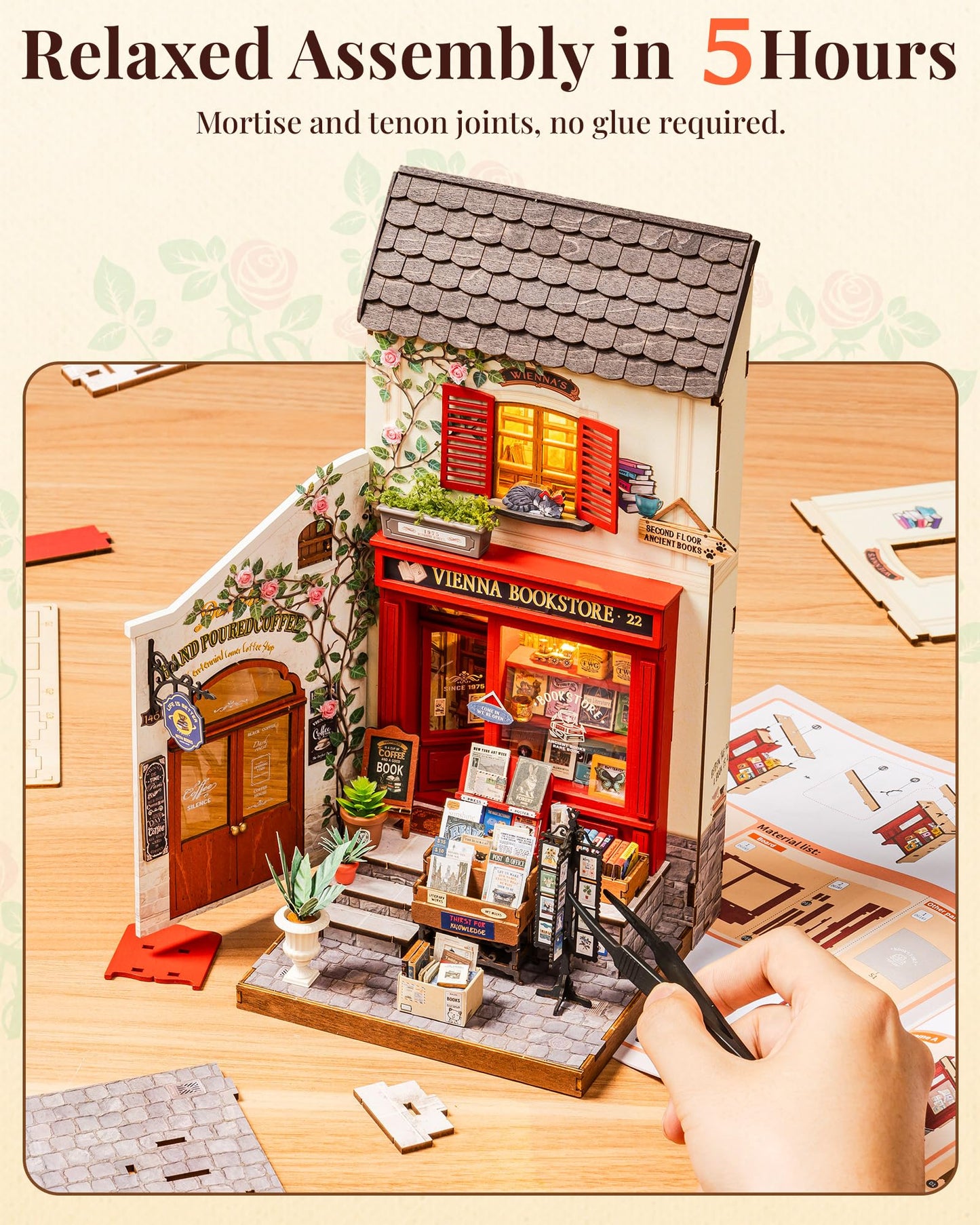 Rolife Book Nook Kit, Vienna Bookstore DIY Miniature Dollhouse Kit with LED Light, 1:18 Scale Miniature Wooden Puzzle for Adults, Mini Building Kit Bookshelf Library Theme Birthday Crafts Gift Decor