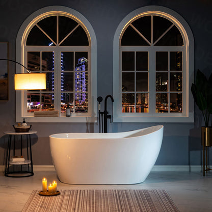 WOODBRIDGE 59" Acrylic Freestanding Bathtub Contemporary Soaking White Tub with Oil Rubbed Bronze Overflow and Drain,White,B1530 ORB