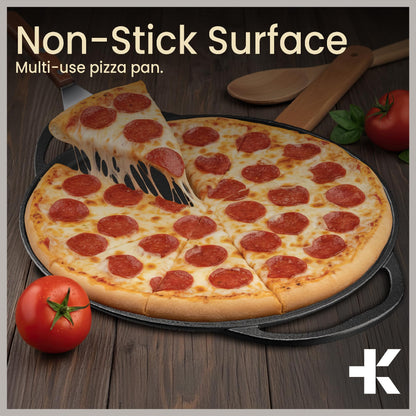 Bakken Cast Iron Pizza Pan 14 Inch, Naturally Pre-Seasoned Nonstick Baking Pan, Heavy-Duty for Oven, Grill, Stovetop, or Campfire, Dual Handles, Heat Retention for Crispy Crust Results, Easy to Clean