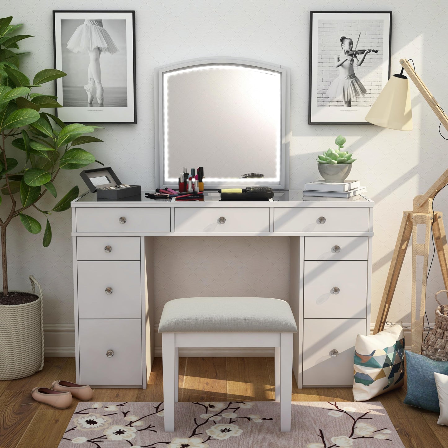 24/7 Shop at Home Juno Modern White Vanity Desk with Mirror and LED Lights, Makeup Table with 9 Drawers, Upholstered Stool with Wood Legs, Bedroom Furniture Set, Dressing Room, Youth Room
