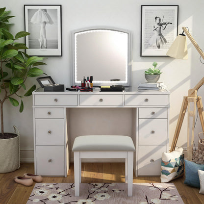 24/7 Shop at Home Juno Modern White Vanity Desk with Mirror and LED Lights, Makeup Table with 9 Drawers, Upholstered Stool with Wood Legs, Bedroom Furniture Set, Dressing Room, Youth Room