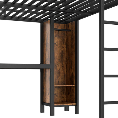 Ball & Cast Metal Loft Bed with Wardrobe and L-Shaped Desk,Queen Size Loft Bed with Storage Cubes and Shelves,Heavy Duty Loft Bed Frame for Kids Teens Adults,No Box Spring Need,Black+Brown