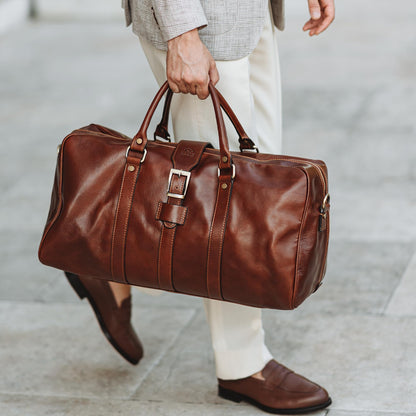 Time Resistance Leather Duffle Bag - Full Grain Leather Travel Bag for Men and Women - Carry-On Duffel Bag (Cognac)