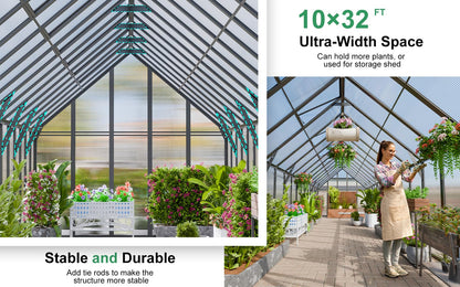 CDCASA 10x32 FT Greenhouse for Outdoors,Large Easy Assembly Thicker Aluminum Polycarbonate Greenhouses w/7 Windows, Double Doors, Walk-in Green House for Outside,Patio,Backyard,Garden