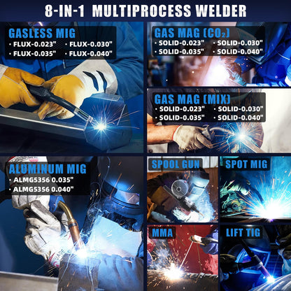 AZZUNO MIG Welder 110V/220V+Spool Gun, 200A 8 in 1 Welder Machine Flux Core MIG/Gas MIG/MAG/Aluminum MIG/Spot MIG/Lift TIG/Stick Welding/Spool Gun Compatible, Multiprocess Welding Machine