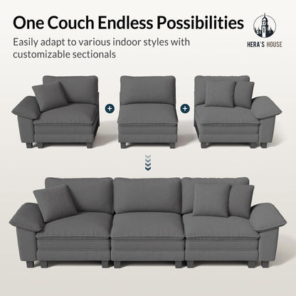 HERA'S HOUSE 158" Modular Sectional Sofa, Oversized U Shaped Couches for Living Room, Comfy Cloud Couch with Ottoman, 6-Seater Deep Seat Sofa with Throw Pillow, Corduroy Grey