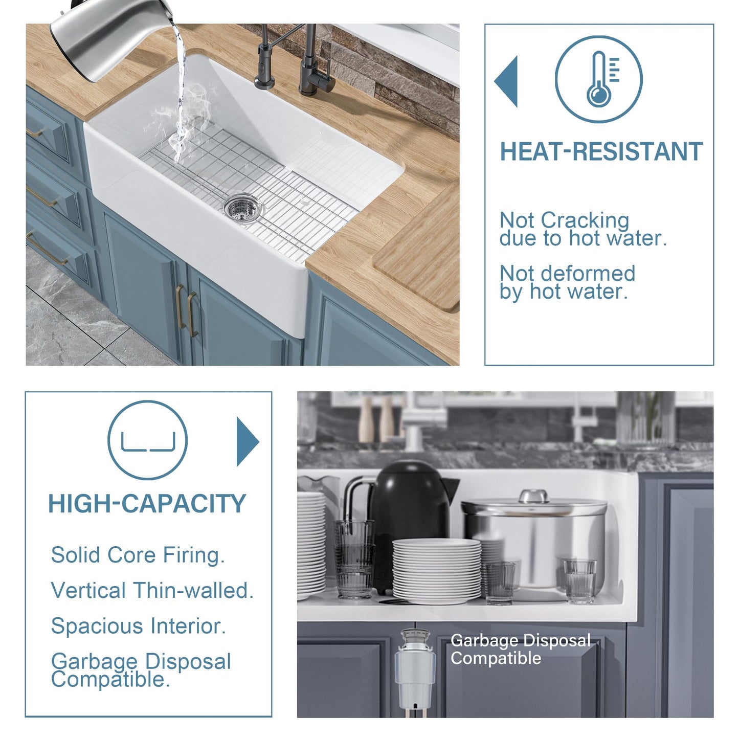 HOMLYLINK White Farmhouse Sink 30 x 18 Inch, Firecaly Apron Front Undermount Farm Kitchen Sink Single Bowl, with Custom Accessories 2 Types, for Kitchen, Laundry, Small Space