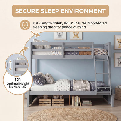 KOMFOTT Twin Over Full Bunk Bed, Pine Bed Frame with 3-Step Ladder, Full-Length Guardrails & 21 Wooden Support Slats, Solid Wood Bunk Bed for Teens, Kids, Adults, Dorms and Apartments (Grey)