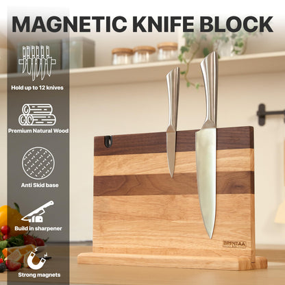 BRENZAA Magnetic Knife Block with Built-in Sharpener, 14 inch Double Sided Wood Knife Holder for Countertop, Universal Knife Stand without Knives (Rubberwood and Walnut Decor)