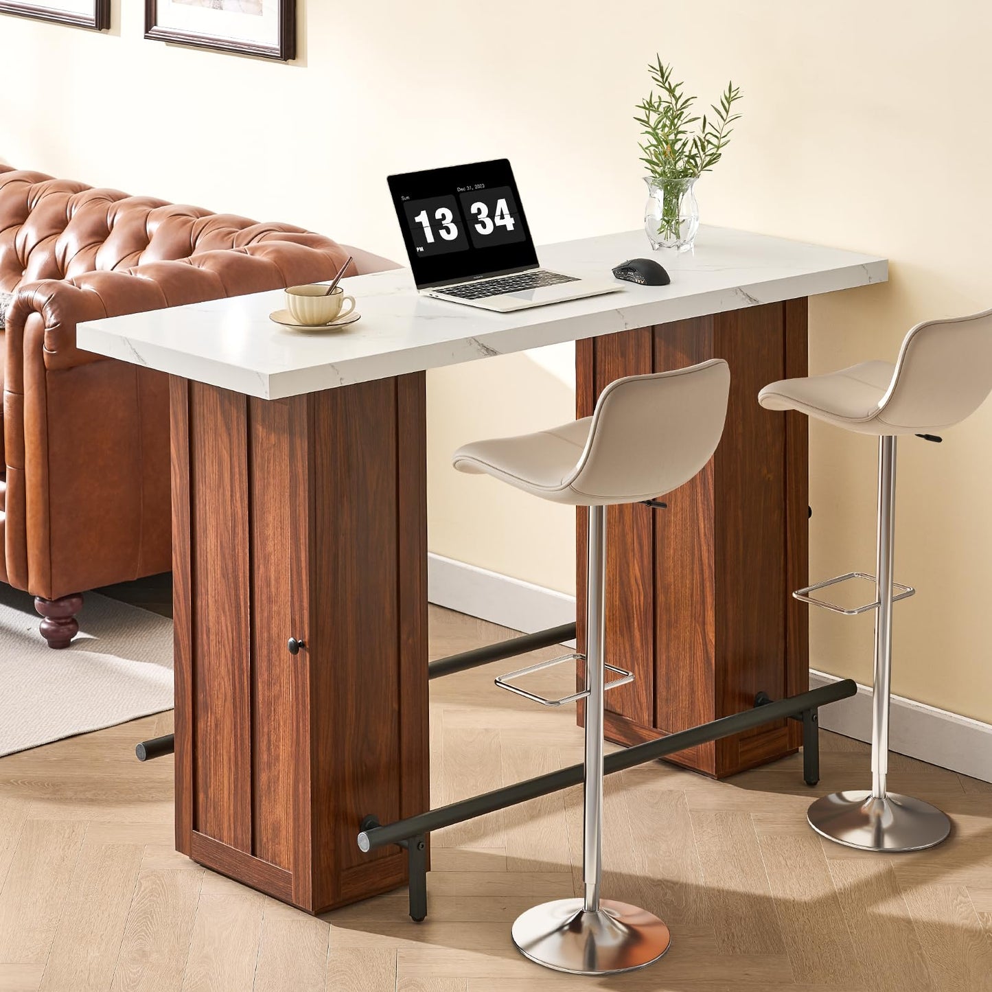 ONBRILL Kitchen Island with Storage, 58 Inch Stationary Island Table with Double Footrests, Counter Height Pub Table for Dining Room, Home Bar, Living Room
