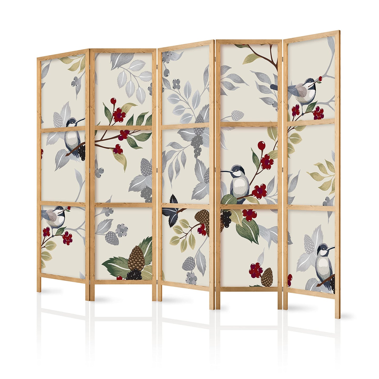 artgeist Japanese Room Divider XXL Birds Forest Nature Leaves Botanical 90 x 67 in - 5 Panel Folding Screen Japan Design Home Decoration Art Deco b-B-0593-z-c