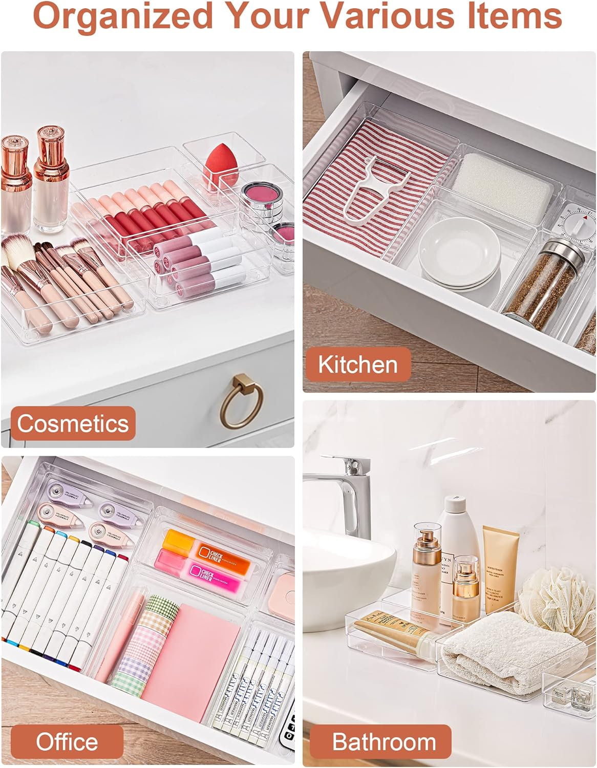 SMARTAKE 16-Piece Drawer Organizer with Non-Slip Silicone Pads, 5-Size Storage Tray for Makeup, Clear
