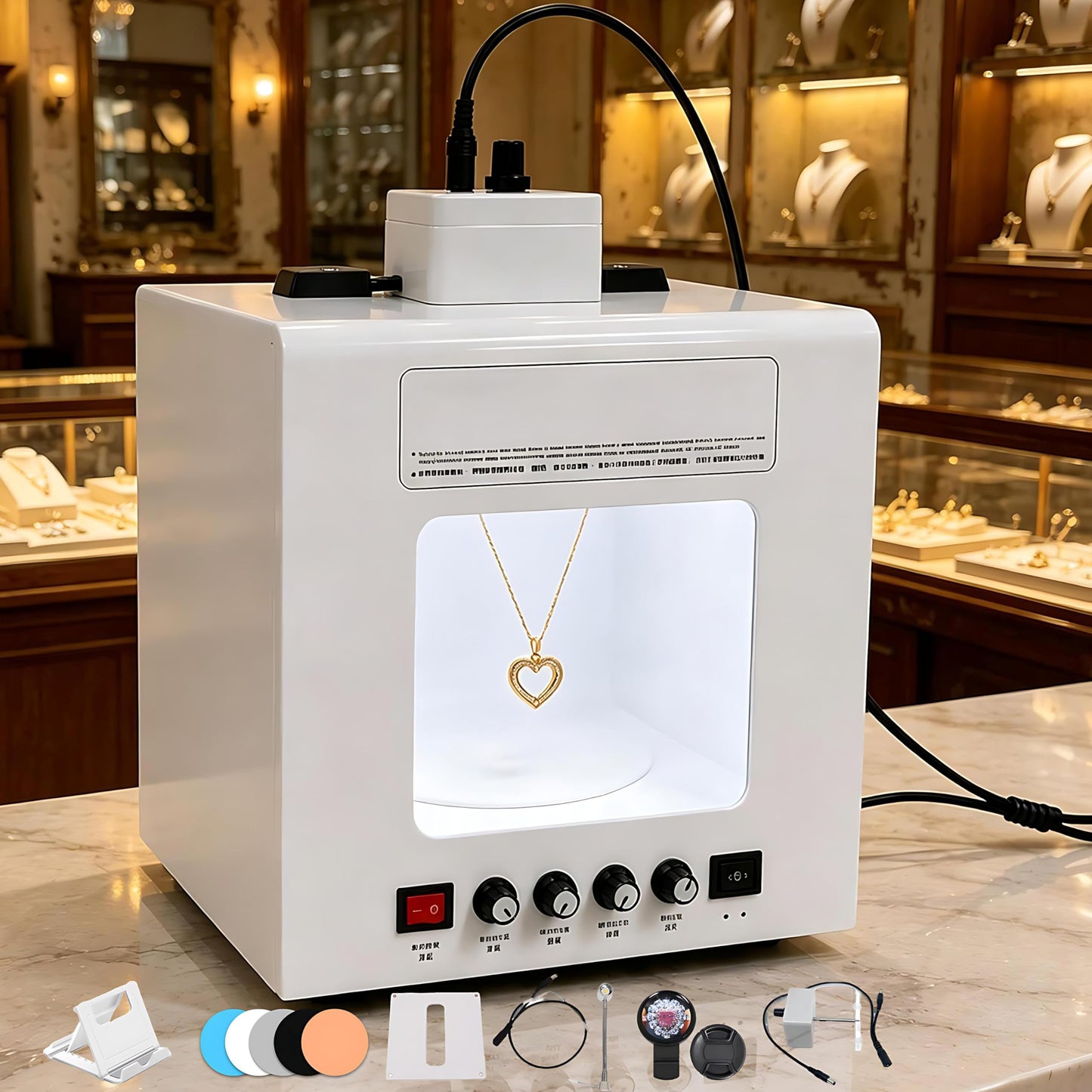 QIUNAOZI Adjustable Turntable Premium Photo Studio, Jewelry Photography Light Box with Turntable, Turntable Diameter 11/15cm, 4pcs Fill Lights, Hanging Bracket, for Jewelry, Small Items Black-TB30