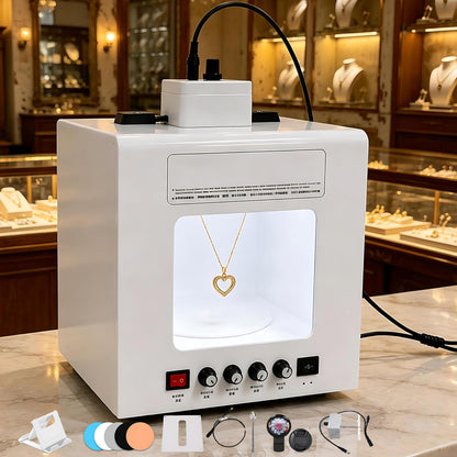 QIUNAOZI Adjustable Turntable Premium Photo Studio, Jewelry Photography Light Box with Turntable, Turntable Diameter 11/15cm, 4pcs Fill Lights, Hanging Bracket, for Jewelry, Small Items Black-TB30