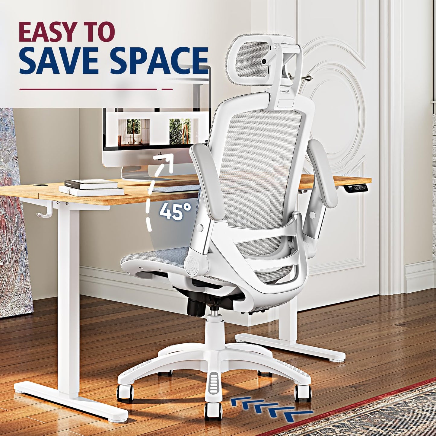 GABRYLLY Ergonomic Office Chair, High Back Home Desk Chair with Headrest, Flip-Up Arms, 90-120° Tilt Lock and Wide Cushion, 300LBS Mesh Chairs for Man Woman, White Task Chair(Grey,GY01WG)