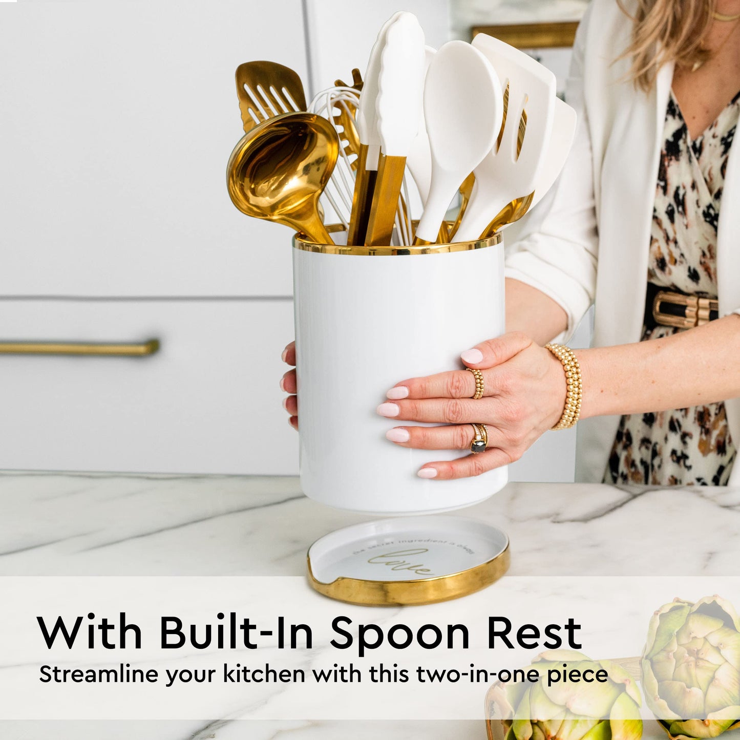 White Utensil Holder with Built-In Ceramic Spoon Rest - 2-Piece Luxe White and Gold Spatula Holder with Gold Spoon Rest for Countertop Organization - Stylish Kitchen Accessory, Utensils Not Included