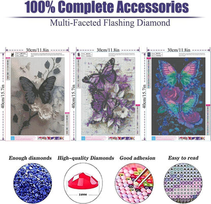 Xylogist 3 Packs Butterfly Diamond Art Kits for Adults, Butterflys Diamond Painting for Beginners, 5D DIY Full Drill Diamonds Gem Craft Art Home Wall Decor 12x16 Inch