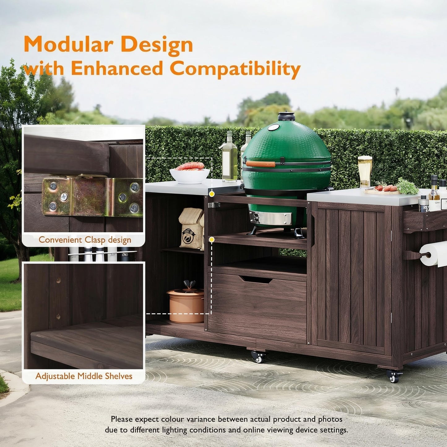 66.5" Fir Wood Grill Cart for Big Green Egg, Outdoor Kitchen Island with Stainless Steel Top, Bar Cart with Adjustable Shelf, Drawer, Hooks & Bottle Opener BBQ Cart for Patio Backyard Garden， Brown