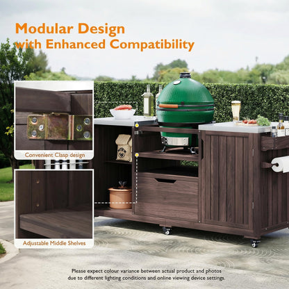 66.5" Fir Wood Grill Cart for Big Green Egg, Outdoor Kitchen Island with Stainless Steel Top, Bar Cart with Adjustable Shelf, Drawer, Hooks & Bottle Opener BBQ Cart for Patio Backyard Garden， Brown