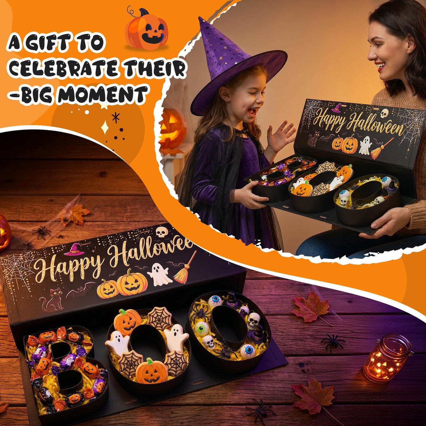 Halloween Candy Gift Box, BOO Letter Shaped DIY Fillable with Ribbon Raffia