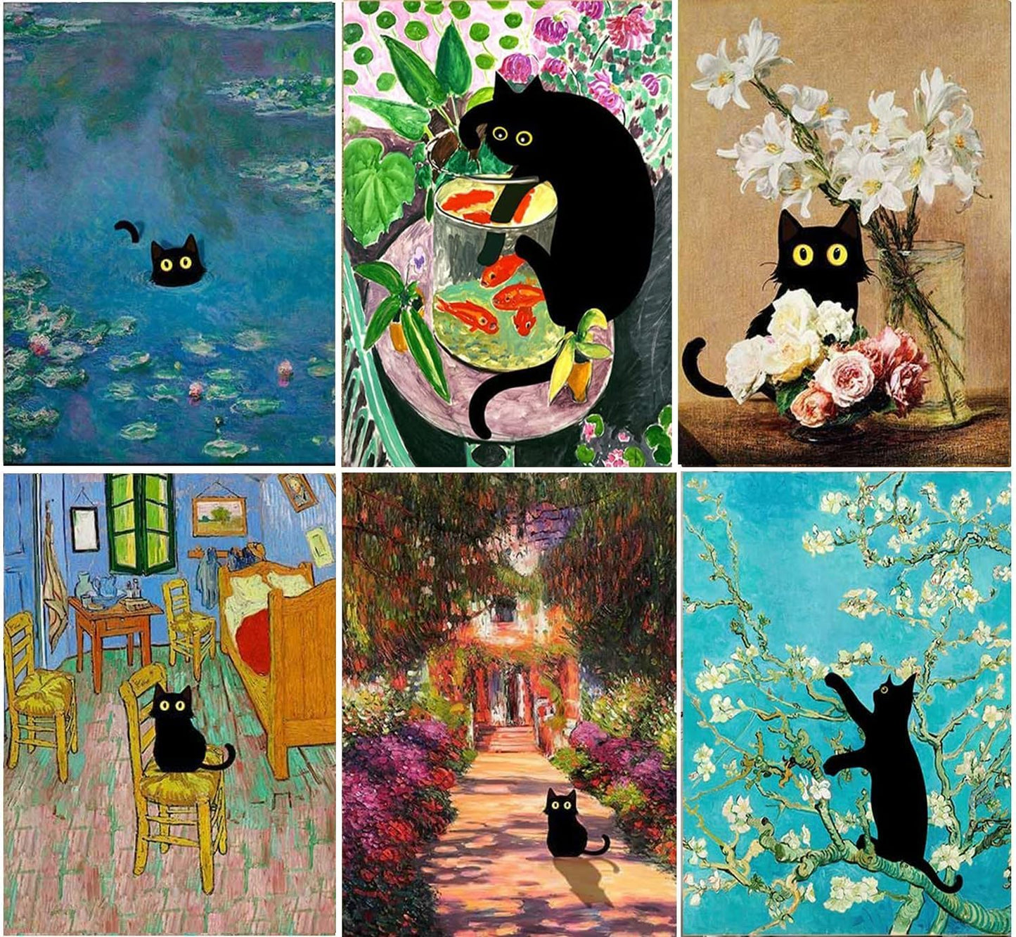 GemZono Diamond Painting for Adults and Beginners - 6pcs, 5D Round Diamond Digital Painting Kit, DIY Black Cat Diamond Art Painting, Matisse Van Gogh Living Room Bedroom Decoration (11.8x15.7 inches)