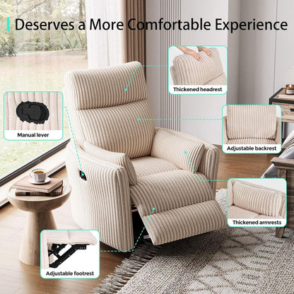 LINSY 360 Swivel Recliner Chair, Nursery Glider Rocking Chair with 2 Pillows, Corduroy Nursing Chair Comfy High Back Adult Rocker Recliner for Small Spaces, Nursery Bedroom Living Room (Beige)