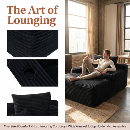 Trygoal 65 inch Boneless Lounge Chair Indoor, Oversized Chaise Lounge with Wide Armrest, Throw Pillows & Cup Holders, Cloud Reading Nook Chair for Living Room & Apartment, Classic Black