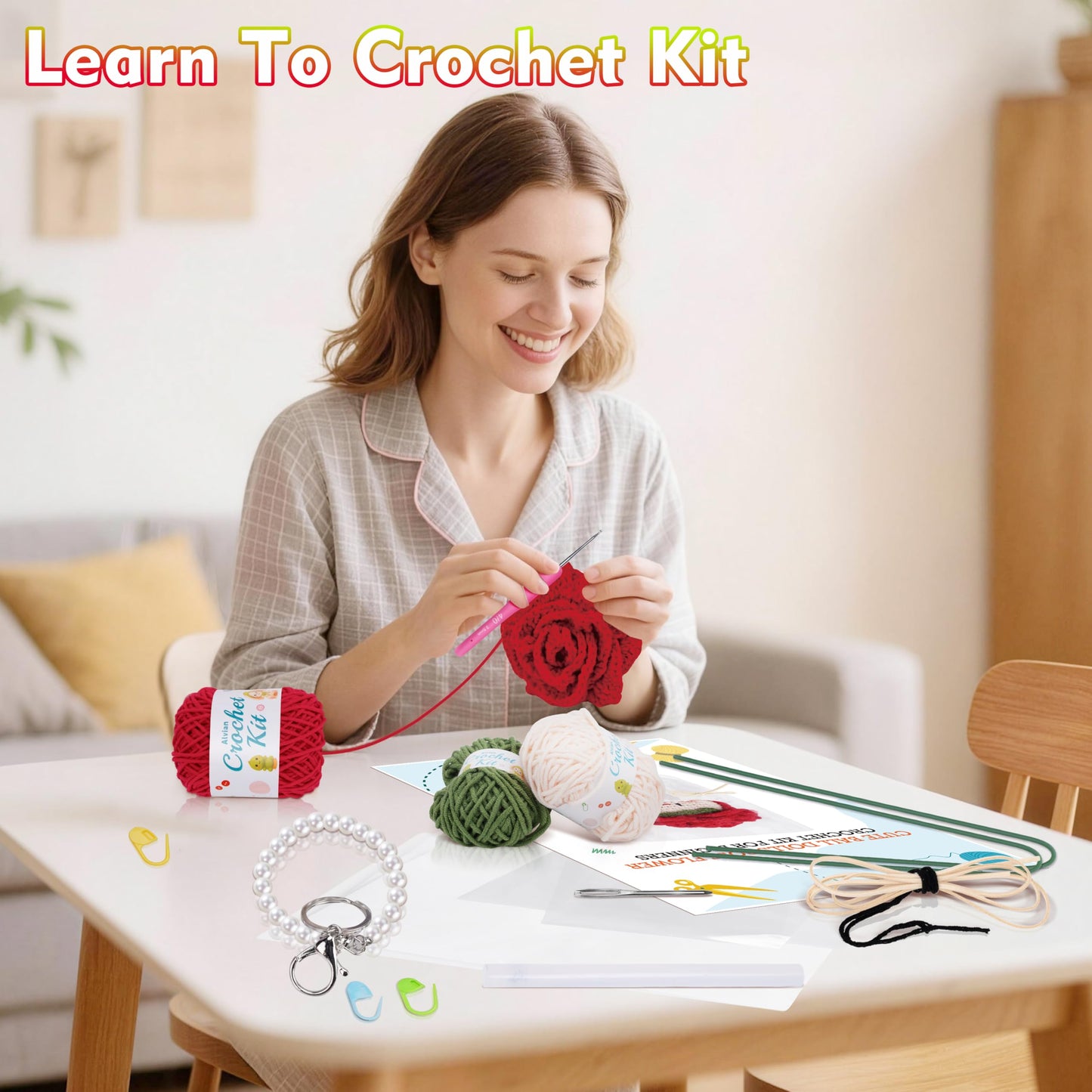 Alvian Handmade Crochet Rose Dumpling Fairy with Keychain - Flower Bouquet Beginners Crochet Kit for Valentine's Gifts, Birthday, Anniversary, Everlasting Rose Flower Craft Kit
