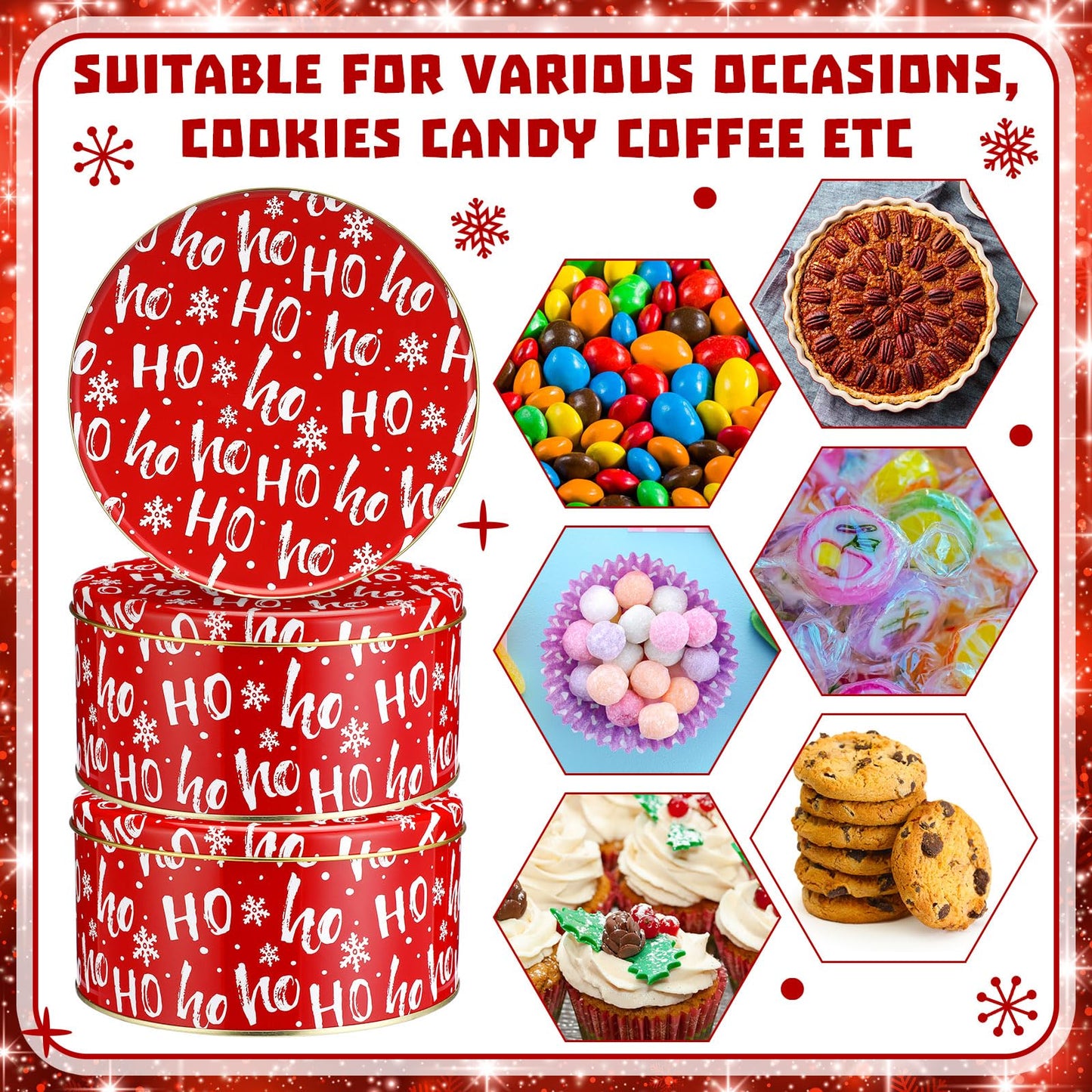 Suttmin 6 Pcs 6.6 Inch Christmas Cookie Tins with Lids Round Metal Red Snowflake Tin Containers for Gift Giving Decorative Storage Box for Holiday Baking Chocolate Snack Party Favors